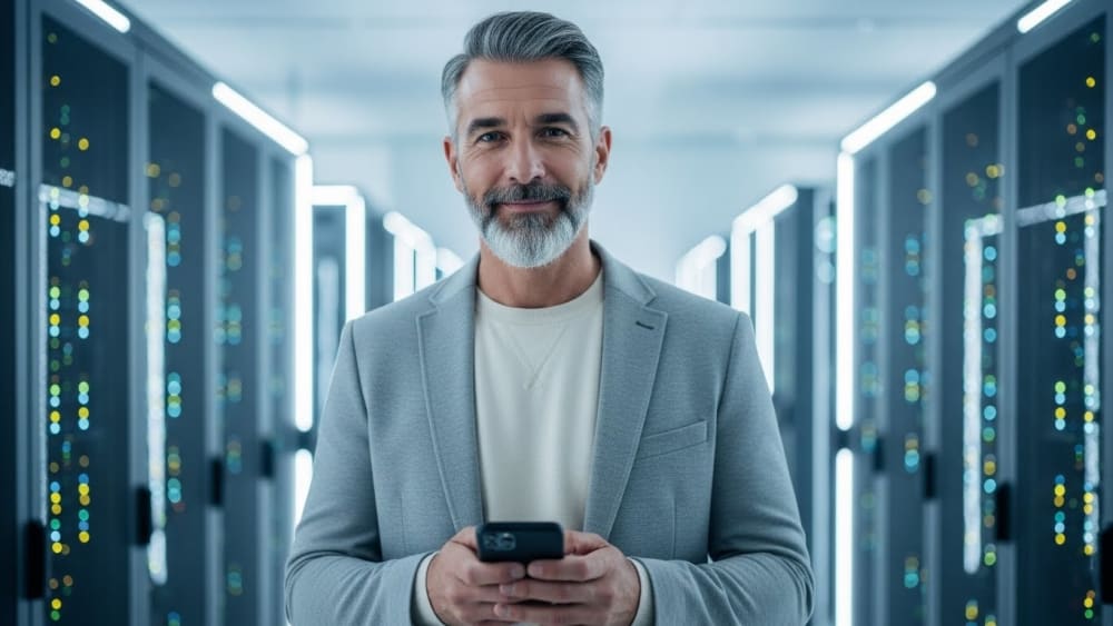 Confident Corporate Leader in Modern Data Center with Smartphone