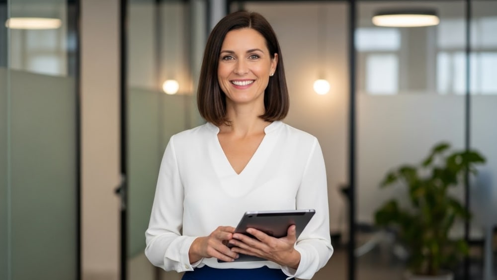 Professional Businesswoman Holding Tablet in Modern Office