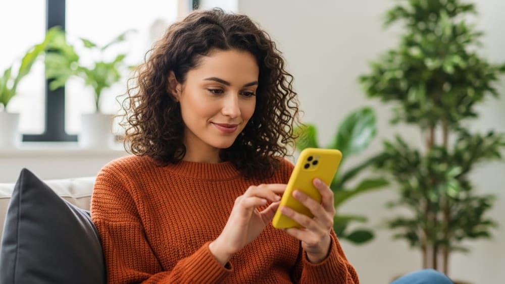 Professional Woman Using Modern Smartphone in Bright Office