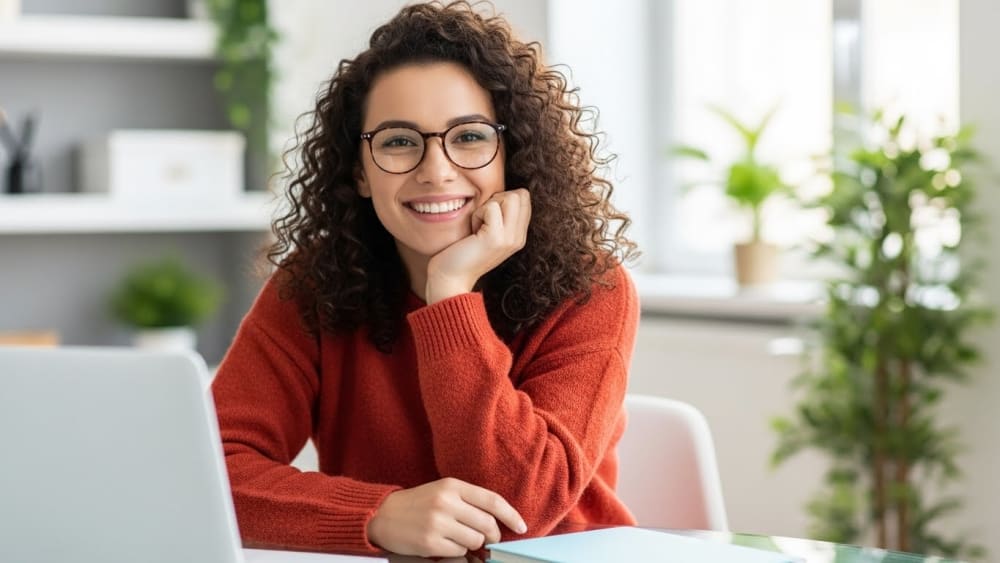 Confident Professional Woman Smiling at Desk in Modern Office