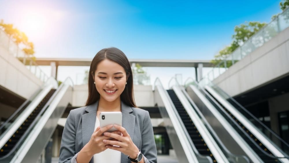 Professional Asian Businesswoman Using Phone in City Plaza