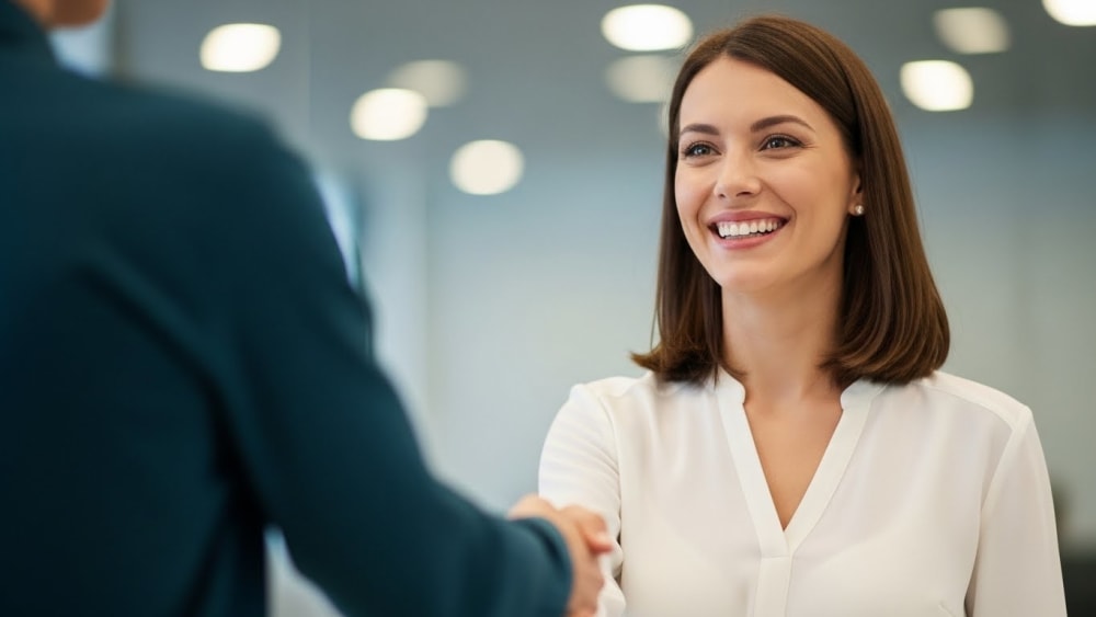 Professional Businesswoman Shaking Hands in Modern Office