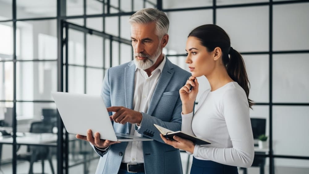 Professional Business Partners Collaborating on Laptop