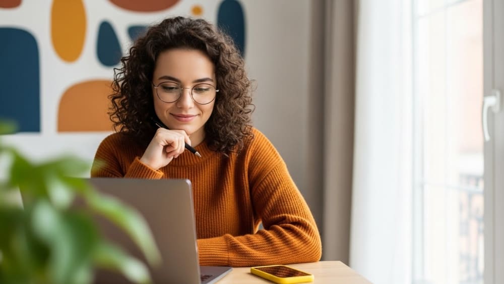 Professional Woman Working on Laptop in Modern Office Space
