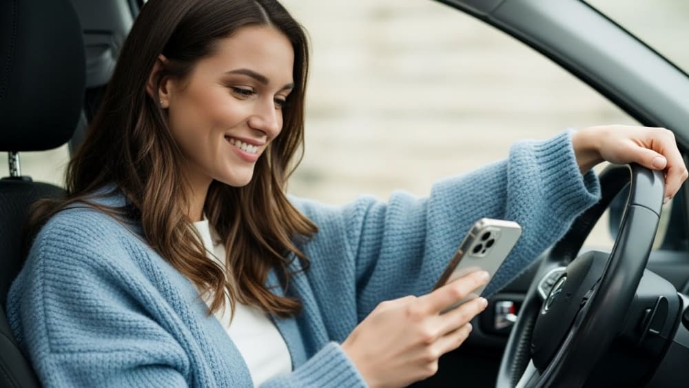 Smiling Business Woman Using Smartphone Inside Modern Car