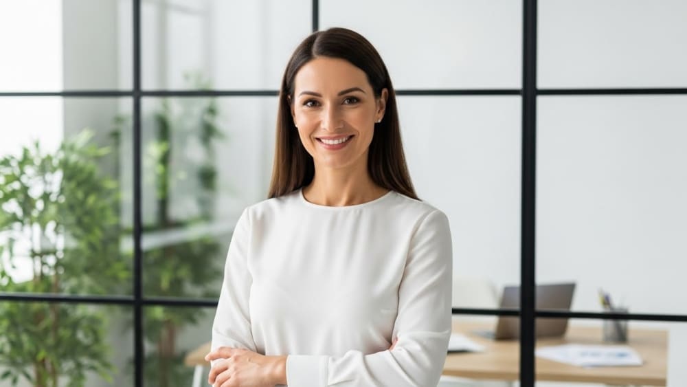 Professional Businesswoman Smiling in Modern Office Setting