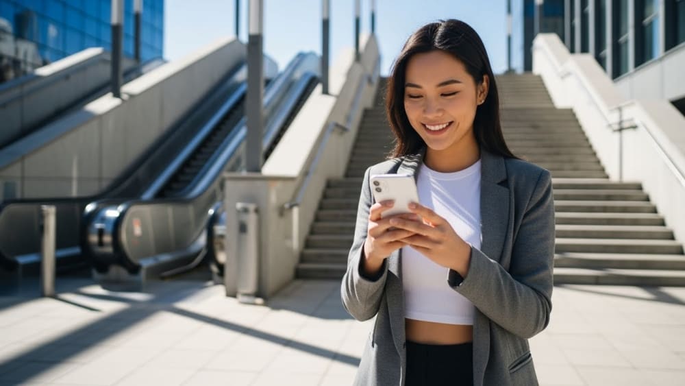 Professional Asian Businesswoman Using Smartphone Outdoors