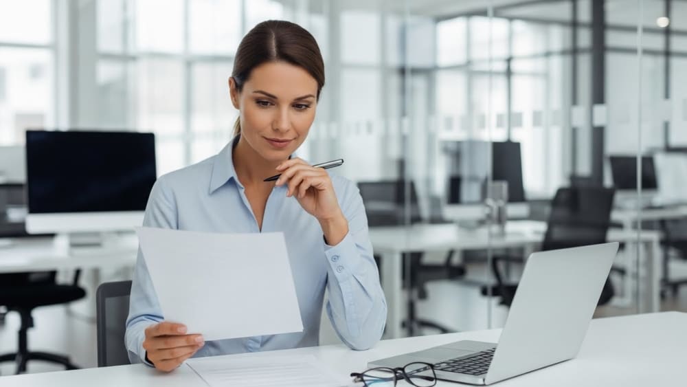 Professional Businesswoman Reviewing Corporate Documents