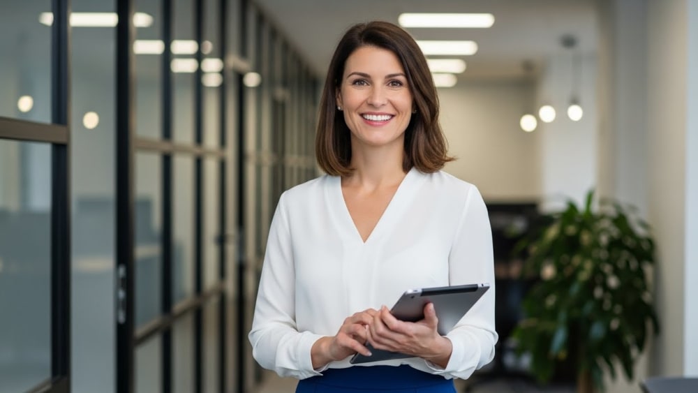 Professional Businesswoman Holding Tablet in Modern Office