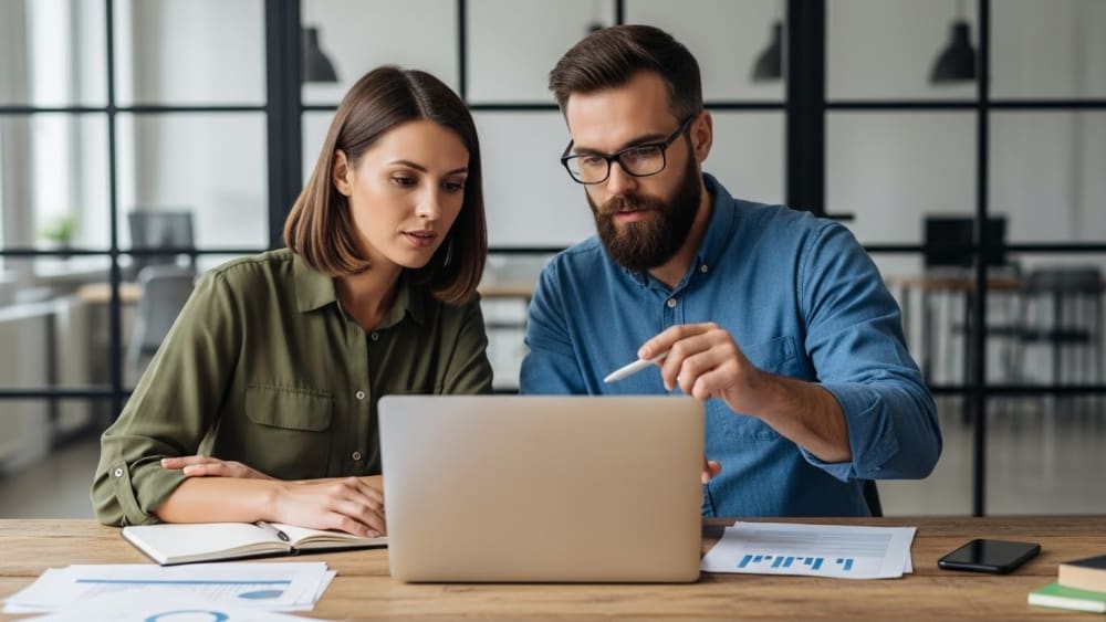 Professional Colleagues Collaborating on Corporate Laptop