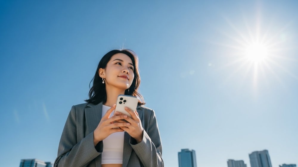 Ambitious Businesswoman Using Smartphone Under Bright Sun