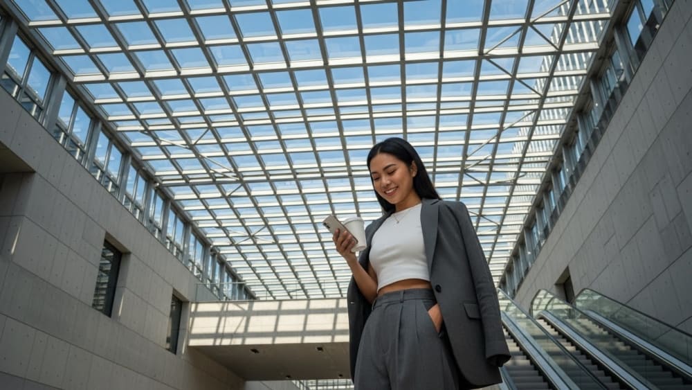 Professional Businesswoman Using Smartphone in Modern Office