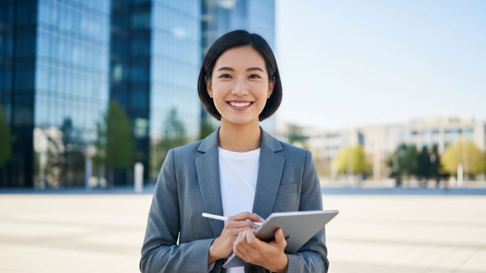 Professional Asian Businesswoman Holding Tablet Outdoors