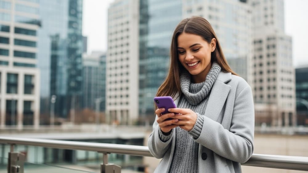 Professional Businesswoman Using Smartphone in City Center