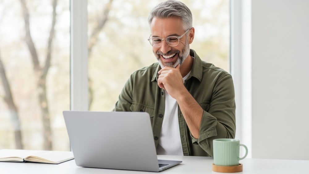 Smiling Mature Professional Working on Laptop in Office