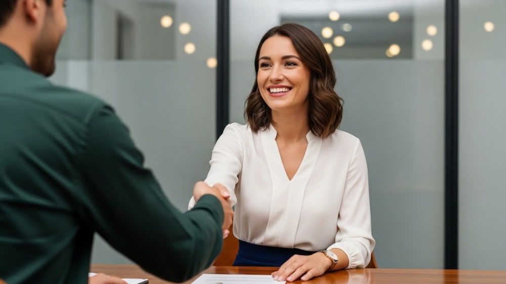 Professional Business People Shaking Hands in Modern Office