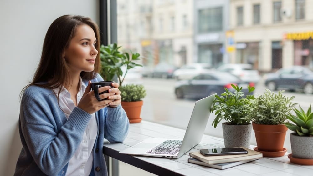 Professional Woman Relaxing at Window with Laptop and Coffee
