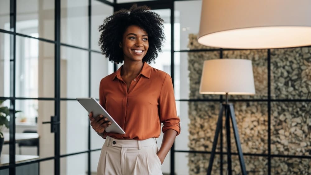 Confident Professional Woman Holding Tablet in Modern Office
