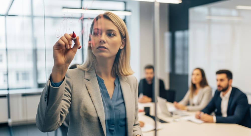 Focused Executive Planning Business Strategy on Glass