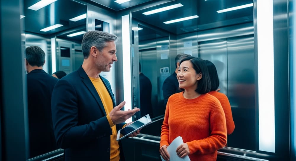 Diverse professionals collaborating in modern office elevator