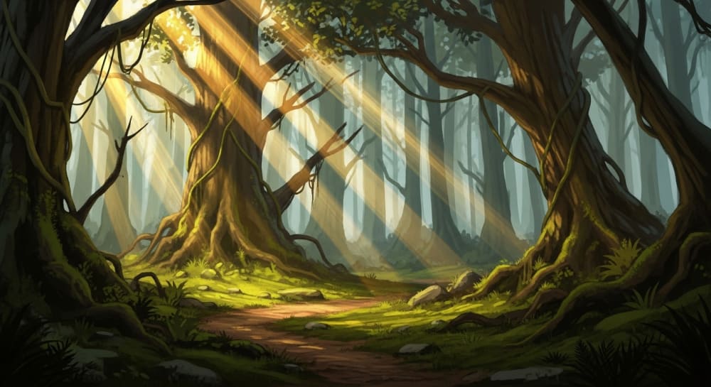Mystical Forest Path with Golden Sunbeams