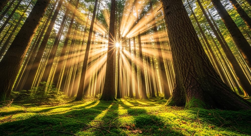 Golden Sunbeams Pierce Lush Forest Canopy