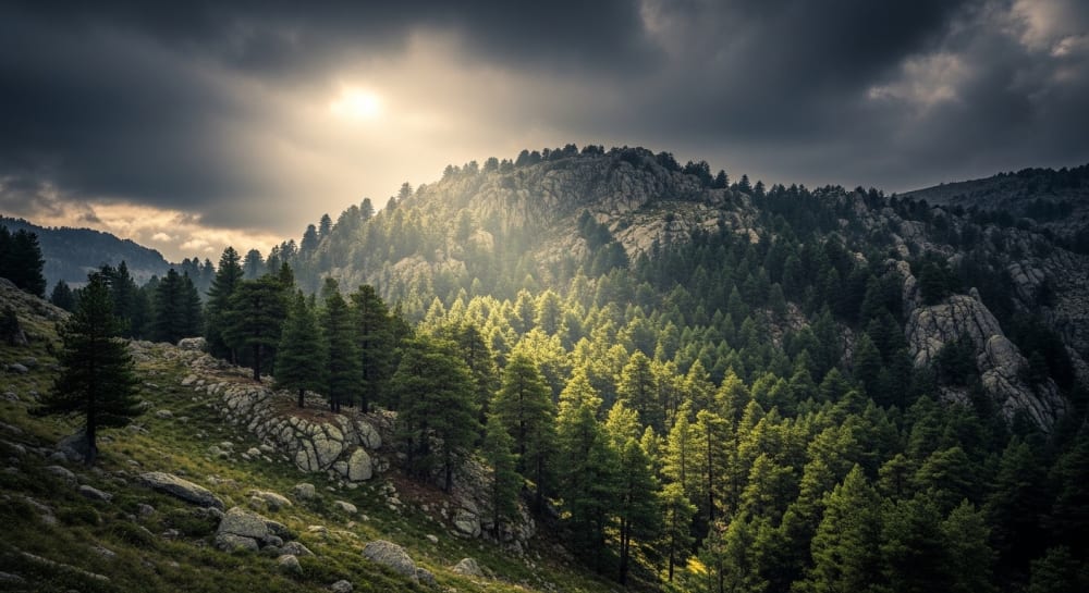 Dramatic Sunlight Through Pine Forest Mountain Slopes