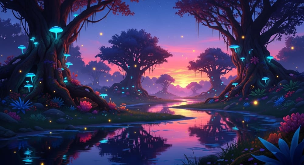 Enchanted Forest Scene with Bioluminescent Flora