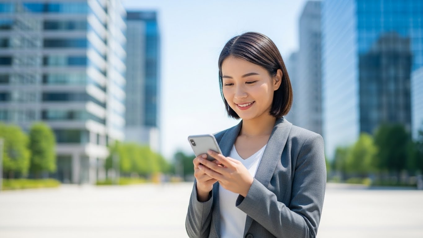 Smiling Professional Asian Woman Using Smartphone Outdoors