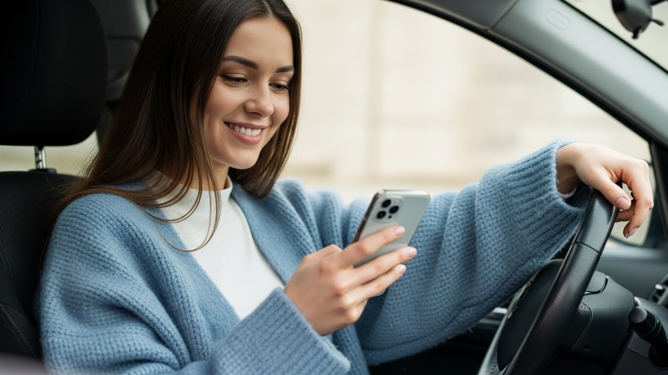 Happy Young Professional Using Smartphone in Modern Car Commuting