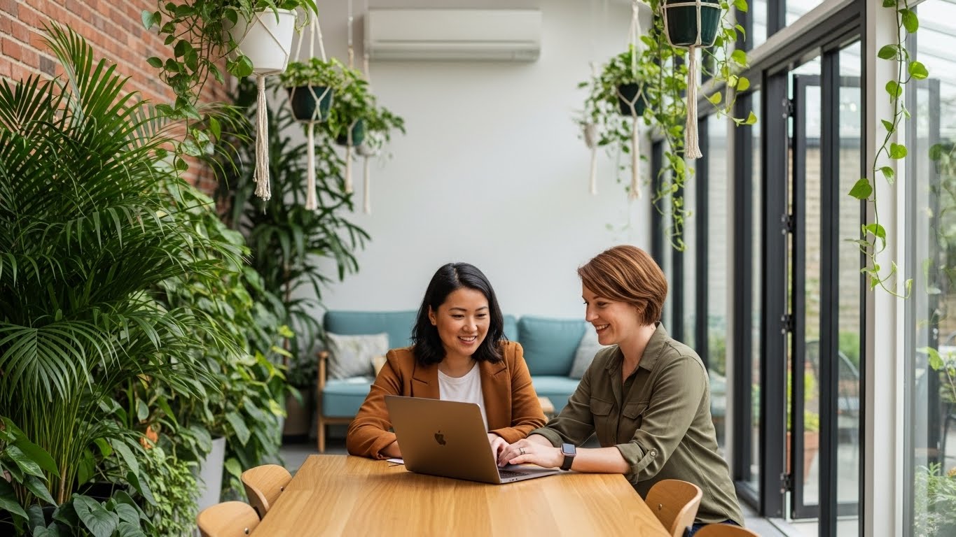 Smiling Diverse Businesswomen Collaborating in Lush Green Office