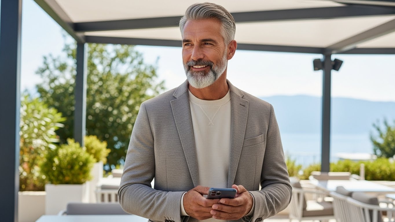 Smiling Mature Executive Holding Phone on Modern Terrace