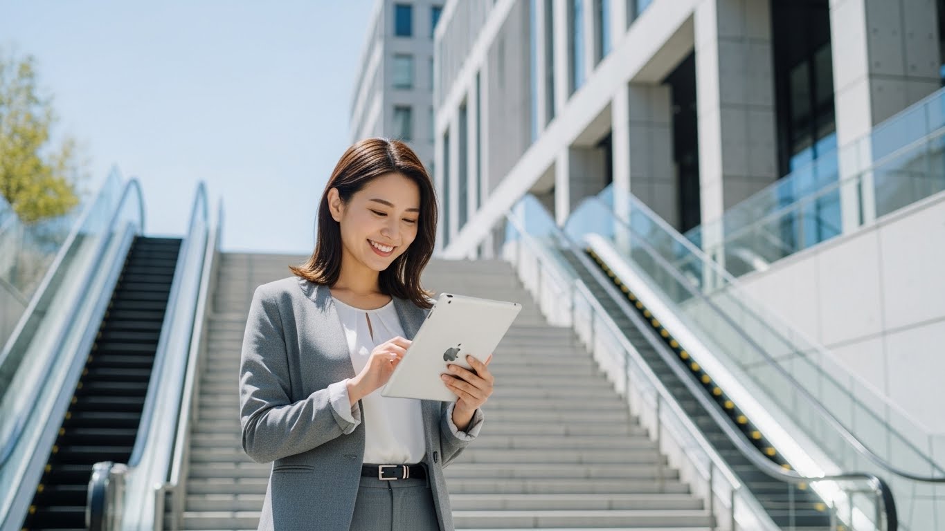 Modern Professional Woman Confidently Using Tablet Outdoors