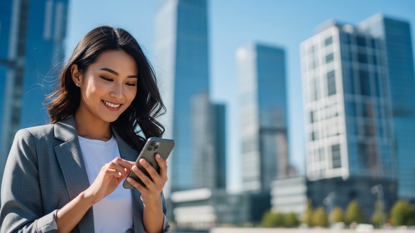Engaged Professional Asian Woman Smiling with Phone in Urban Business District