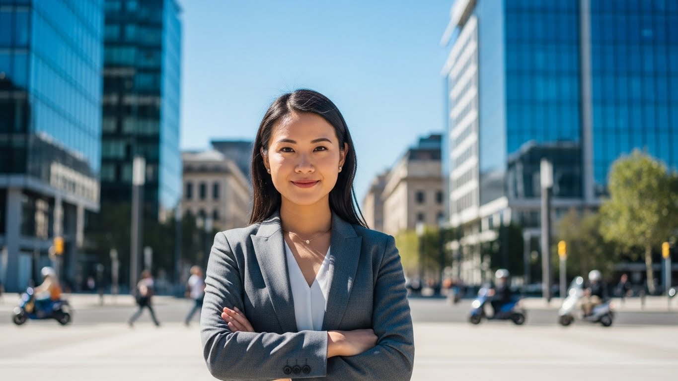 Confident Asian Businesswoman in Dynamic Urban Corporate Setting