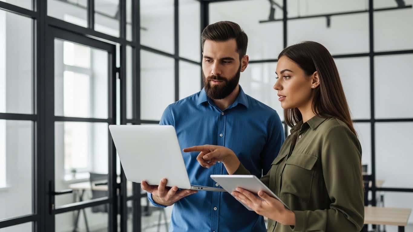 Professional Business Partners Discussing Project on Laptop