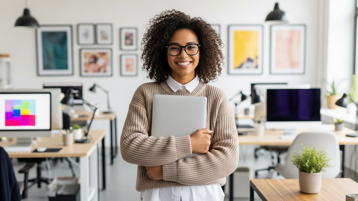 Professional Young Woman Holding Laptop in Modern Office