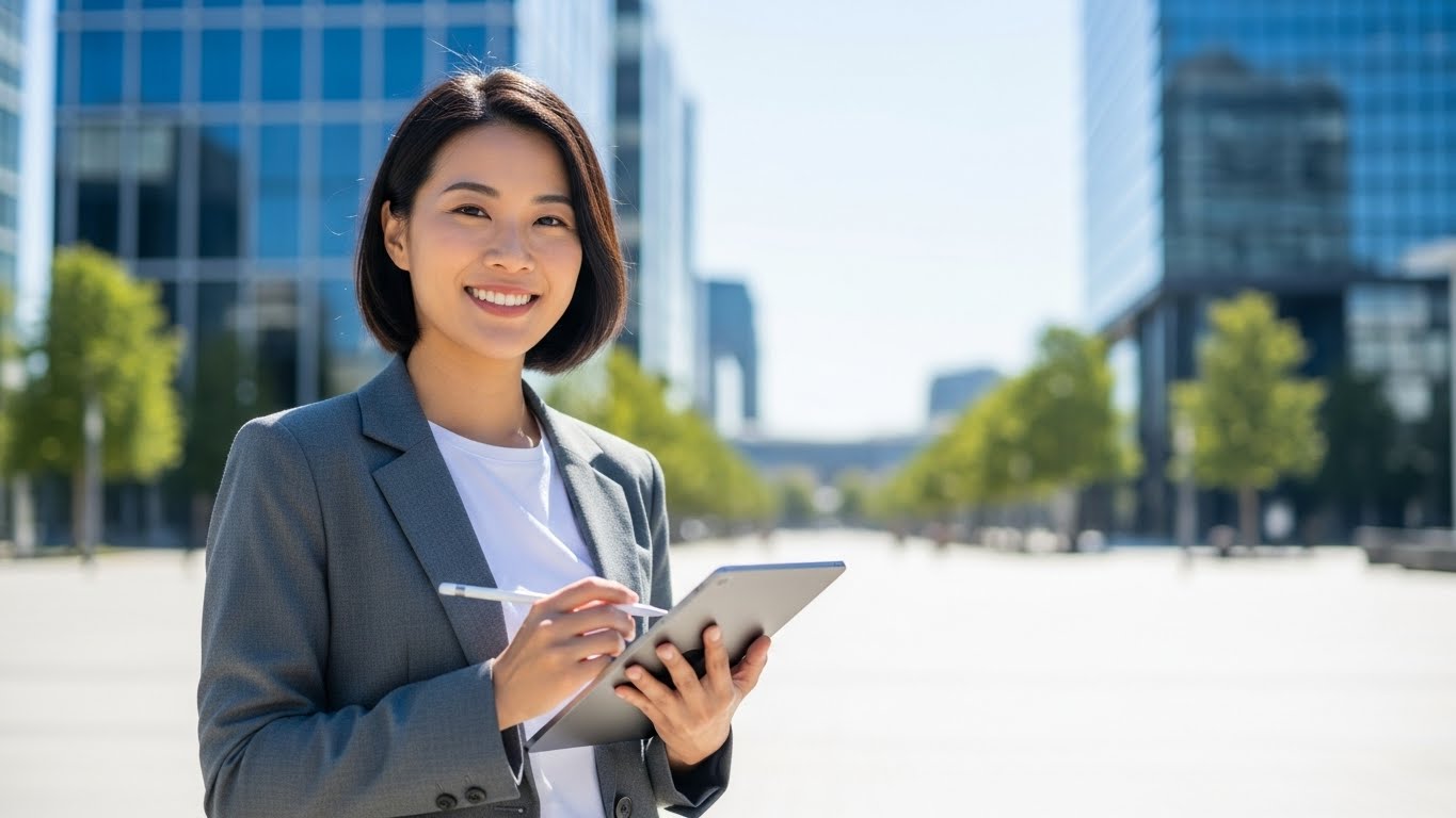 Confident Professional Woman Holding Tablet in City Center