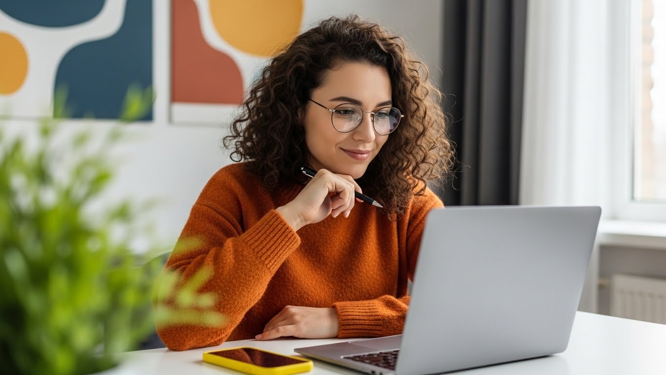 Focused Professional Woman Working on Laptop in Office