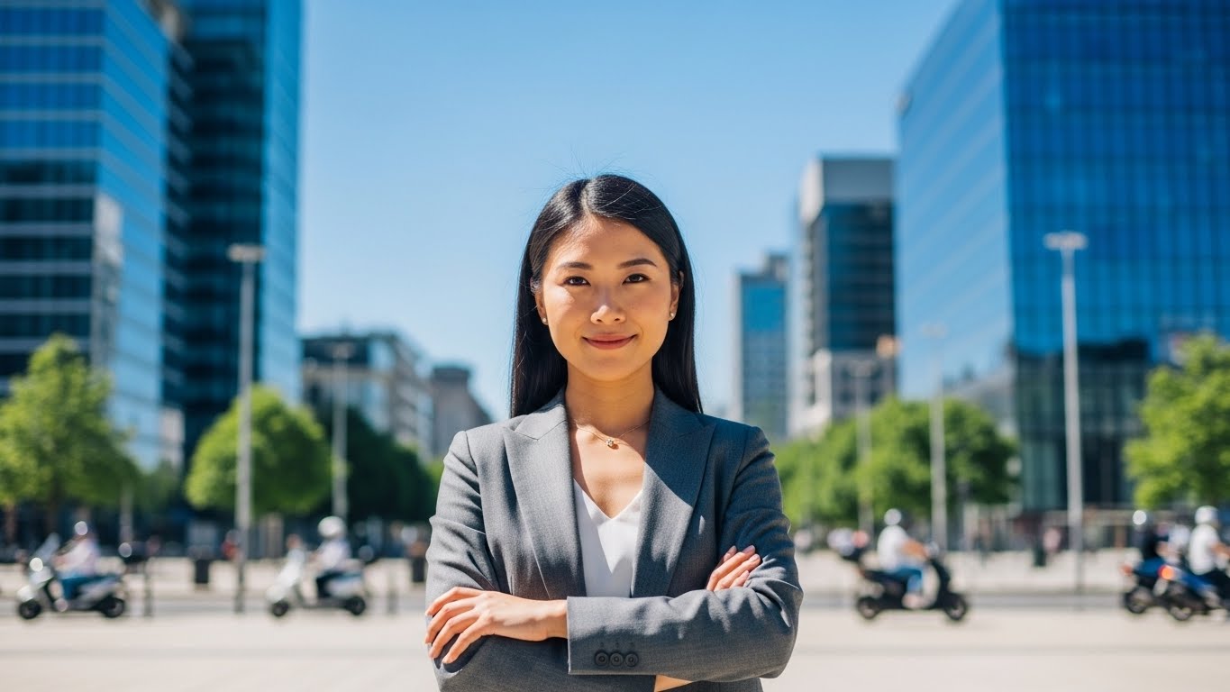 Confident Professional Asian Businesswoman in City Center