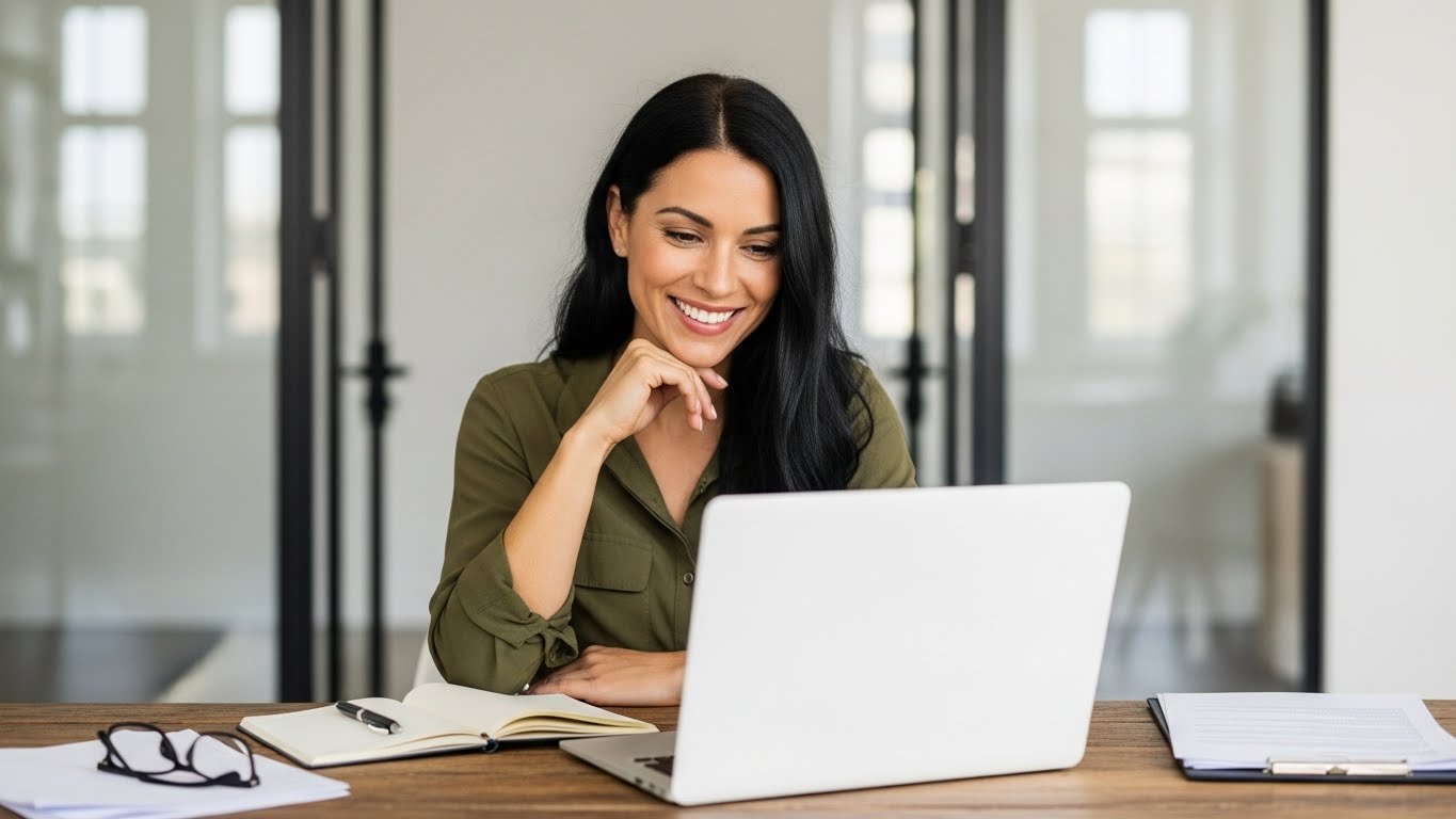 Professional Businesswoman Smiling at Laptop in Office