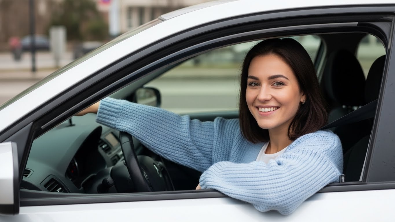 Professional Woman Driving Car, Friendly Corporate Portrait