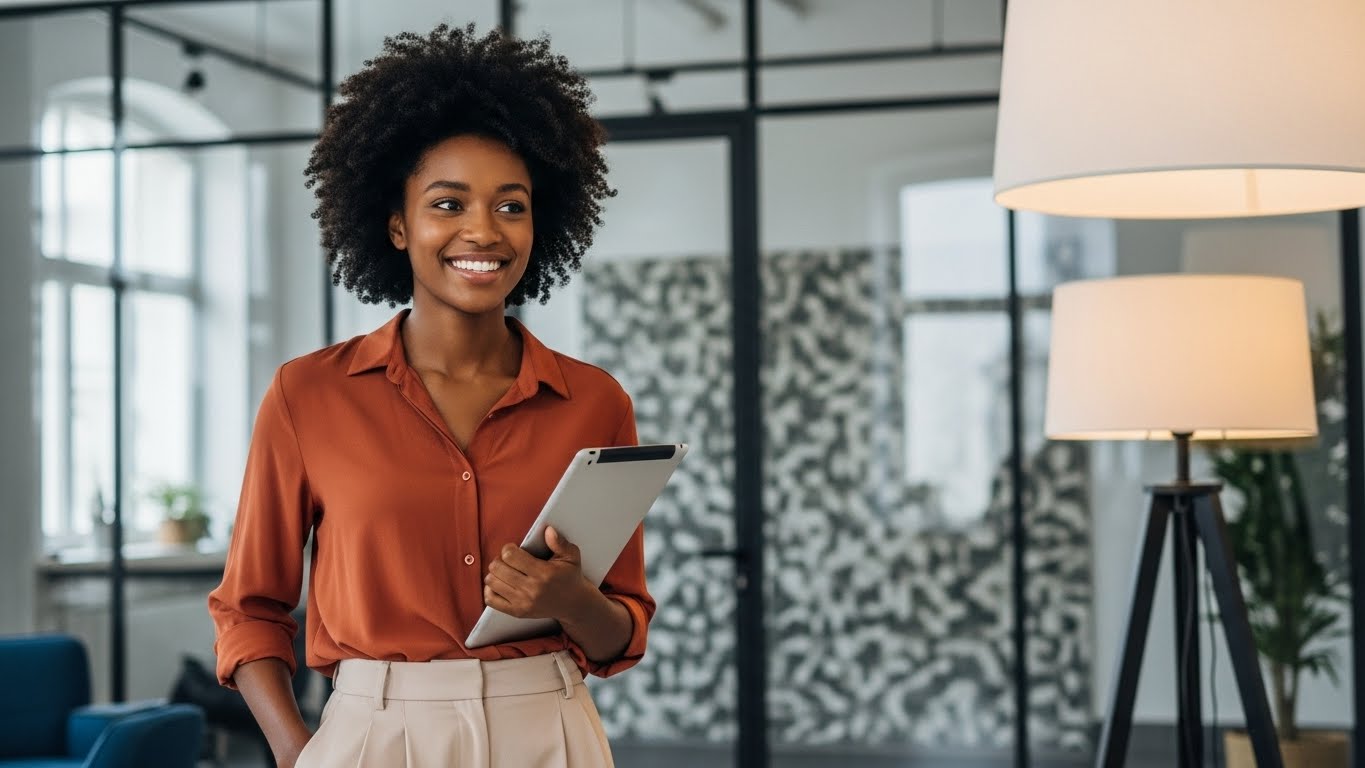 Confident Professional Woman Holding Tablet in Modern Office
