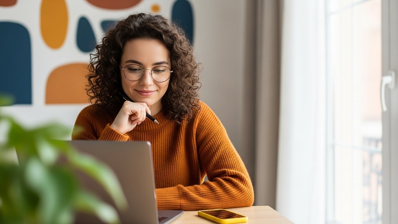 Professional Woman Working on Laptop in Modern Office Space