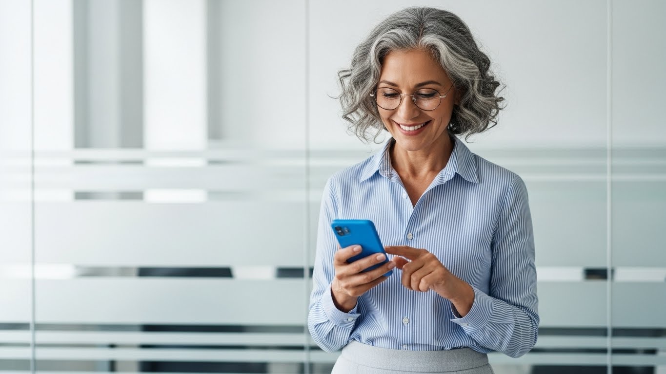 Professional Senior Business Woman Using Smartphone at Work