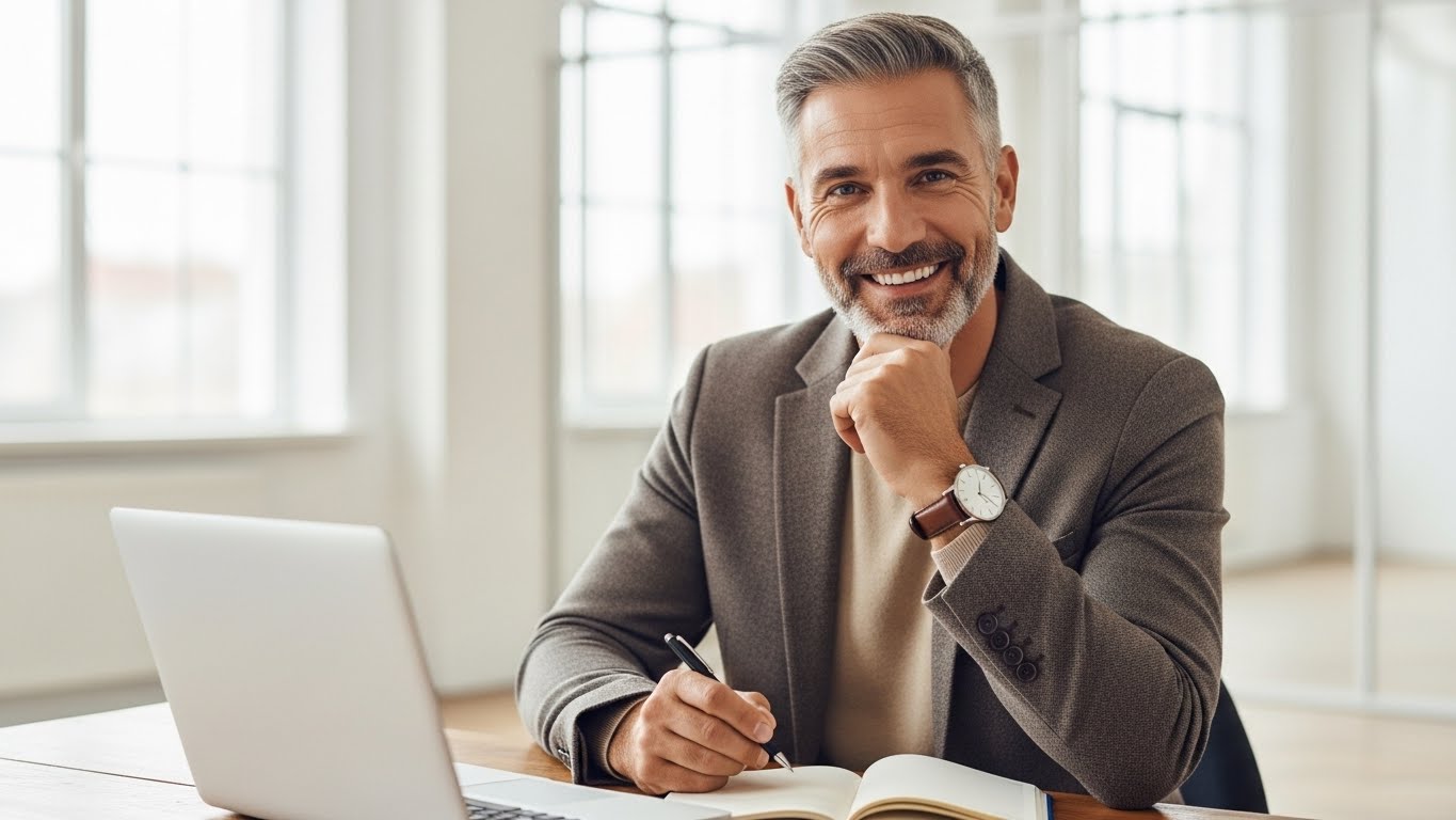 Confident Professional Man Working at Modern Office Desk
