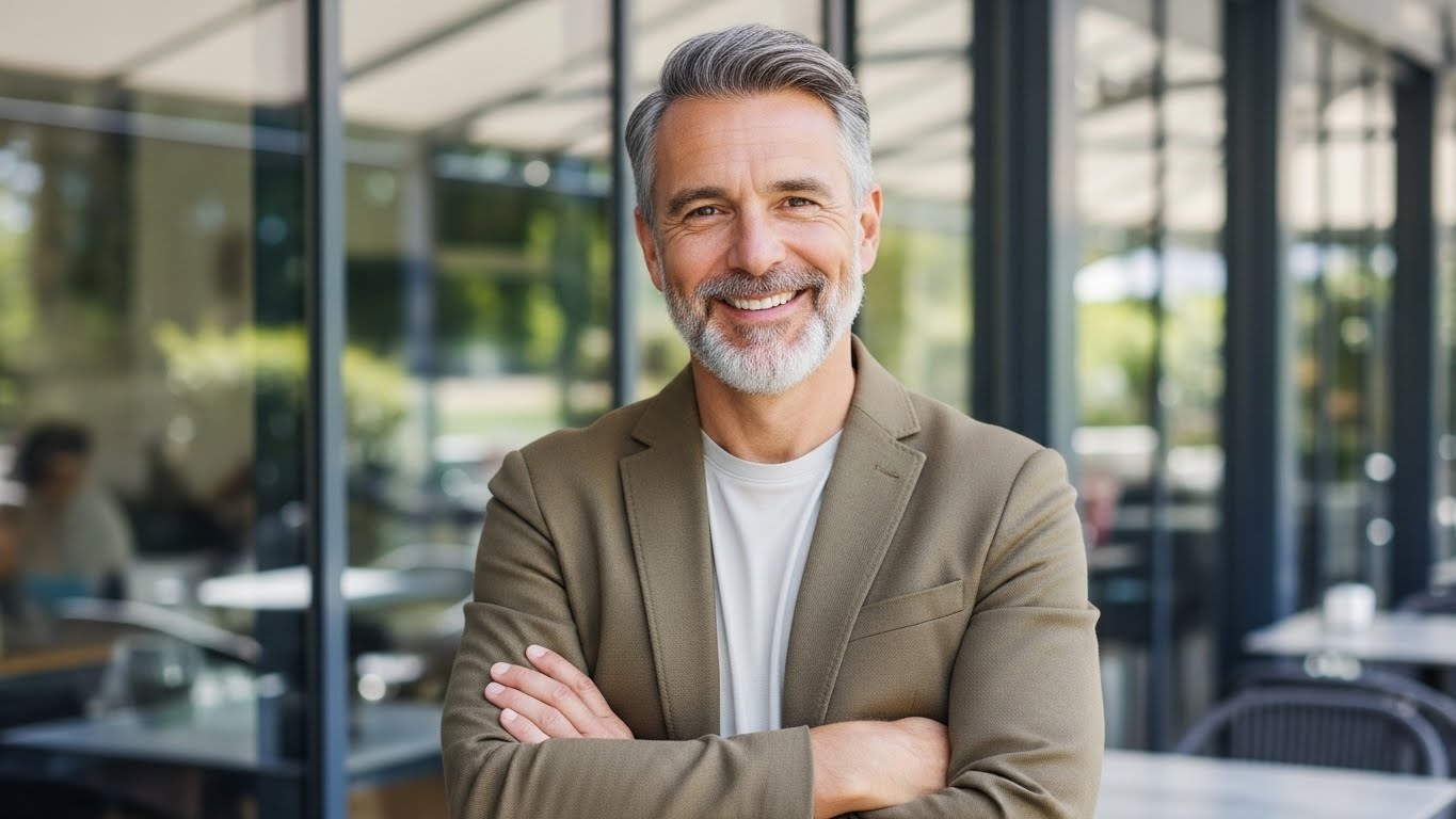 Confident Mature Businessman Smiling in Modern Office Setting