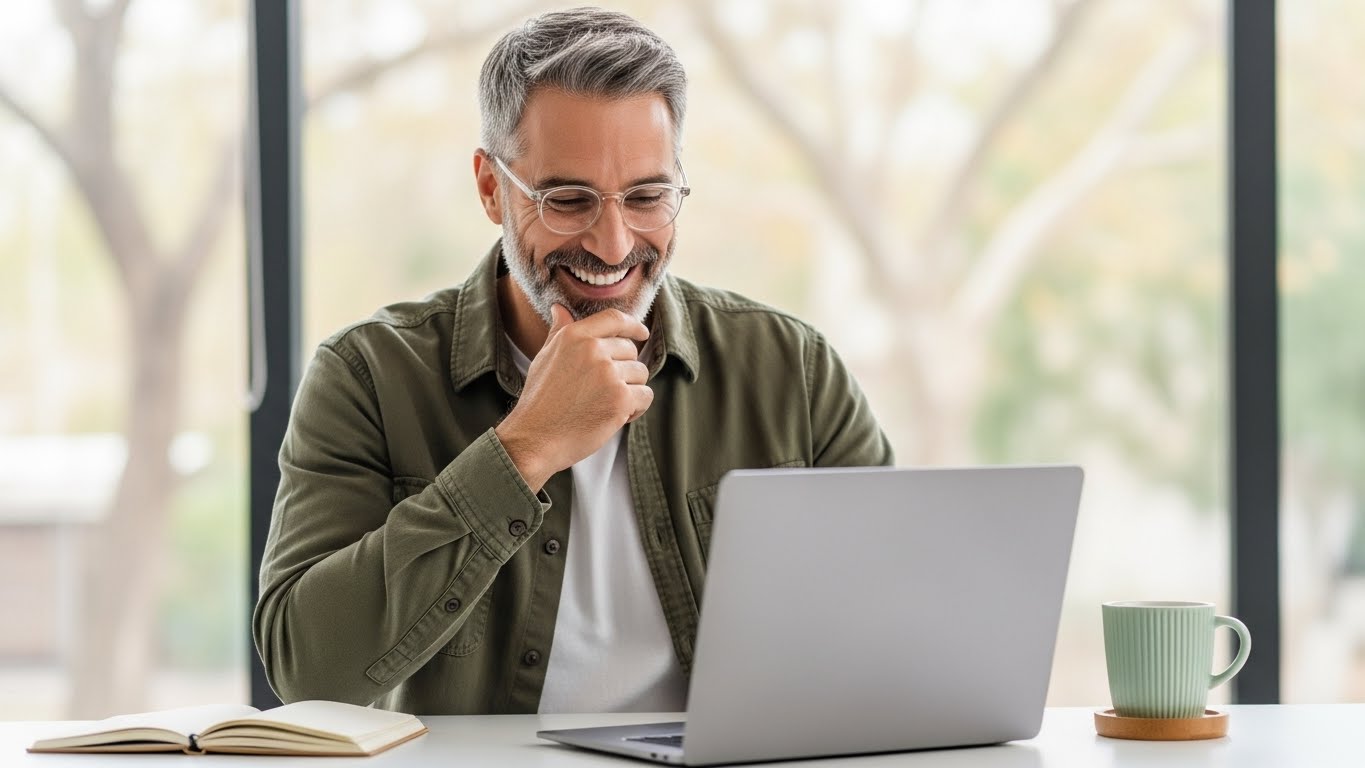 Professional Middle-Aged Man Smiling at Laptop in Office