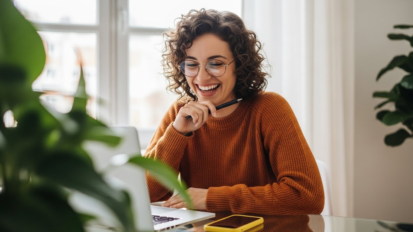 Happy Professional Woman Working on Laptop in Bright Office