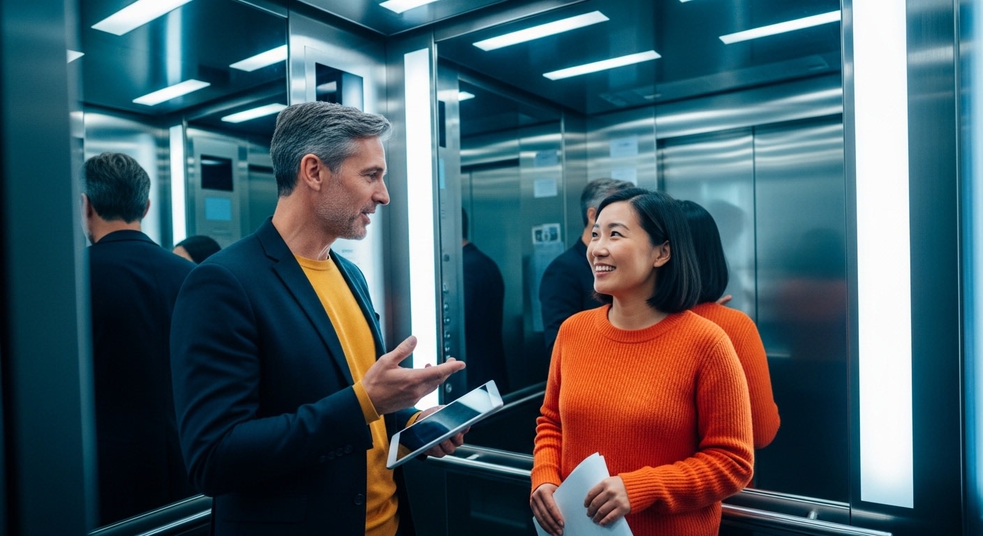 Diverse professionals collaborating in modern office elevator